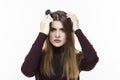 Hairloss and Baldness Issues. Young Caucasian Female Having Hair Problems. Checking Hair in Hairbrush. Against White Royalty Free Stock Photo