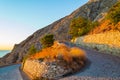 Hairpin bend at road to Mesa Vouno mountain top Santorini island Greece Royalty Free Stock Photo