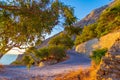 Hairpin bend at road to Mesa Vouno mountain top Santorini Greece Royalty Free Stock Photo