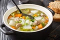 Hairst bree Lamb and summer vegetable soup close-up in a pot. Horizontal Royalty Free Stock Photo