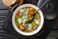 Hairst bree Lamb and summer vegetable soup close-up in a pot. Horizontal top view