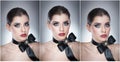 Hairstyle and Make up - beautiful female art portrait with black ribbon. Elegance. Genuine Natural brunette with ribbon - studio