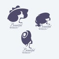 Hairstyle. Set of three silhouettes of female vector heads. Woman in a wide brimmed hat. Fashionable.
