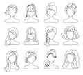 Hairstyle silhouette set. Woman, girl, female hair, face for coloring book. Beauty Vector, flat avatars.