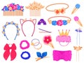 Hairstyles accessories. Glamour female style elements, girly barrettes, headbands and elastics, hair pins, decorative