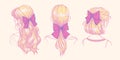 Hairstyles with bows and ribbons. Cute trendy womens hairstyles with hair accessories, hairstyle ideas. Set of vector Hand drawn Royalty Free Stock Photo