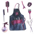 Hairstyling set. Real watercolor drawing. Hand drawn tools for hairdresser, apron, brush, scissors, hairpin, sprayer