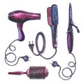 Hairstyling set. Real watercolor drawing. Hand drawn tools for hairdresser, brush, dryer, hairbrush, hair curling iron