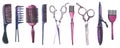 Hairstyling set. Real watercolor drawing. Hand drawn tools for hairdresser, brush, scissors, sprayer, hairbrush isolated