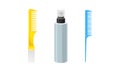 Hairstyling Tool with Comb and Spray in Bottle for Doing Hair Vector Set