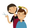 Hairstylist cutting hair. Men`s hairstyle, beauty saloon concept. Funny cartoon vector illustration