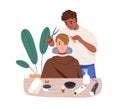 Hairstylist doing haircut for client in barber shop. Hairdresser cutting customers hair, hairdressing with scissors and