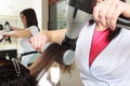 Hairstylist drying hair woman client in hairdressing beauty salon Royalty Free Stock Photo