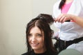 Hairstylist drying hair woman client in hairdressing beauty salon