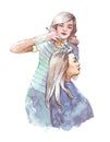 Hairstylist dyeing hair watercolor illustration