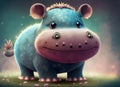 hairy cheerful baby hippo with big eyes