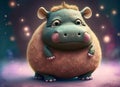 hairy cheerful baby hippo with big eyes