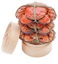 Hairy crabs on the Bamboo steamer Isolated in Royalty Free Stock Photo