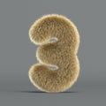 Hairy font, furry alphabet, 3d rendering, number 3