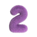 Hairy font, furry alphabet, 3d rendering, number 2