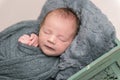 Hairy infant sleeping in basket, closeup