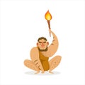 Hairy Man Crouching With Alite Torch Cartoon Illustration Of First Sapiens Troglodyte In Animal Pelt Living In