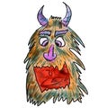 Hairy monster with horns yellow watercolor cartoon Royalty Free Stock Photo