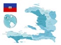 Haiti administrative blue-green map with country flag and location on a globe.