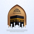 Hajj mabrour arabic calligraphy with kaaba building for hajj pilgrimage islamic religion pray with golden mosque frame