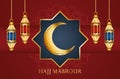 Hajj mabrour celebration with golden lanterns hanging and moon