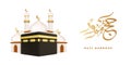 Hajj Mabrour. Kaaba poster. 3D Islam umrah. Render kabah. Pilgrimage adha. Religious greeting banner with umroh. Arabic