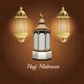 Hajj mabrur celebration with lanterns hanging and mosque tower