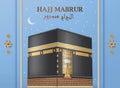 Hajj Mabrur Islamic background. Greeting card with Kaaba and Arabic pattern. Night sky with moon and stars at the back