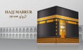 Hajj Mabrur Islamic background. Greeting card with Kaaba and mosque with Arabic arches at the back. Translation Hajj