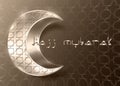 Hajj Mubarak greeting gold metal islamic crescent symbol and geometric arabic pattern, illustration