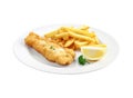 Hake in batter with french fries and lemon on a plate on a cutout PNG transparent background. Generative AI