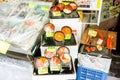 Small Japanese fast food display front of seafood restaurant in fresh market