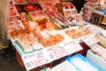 Hakodate, Japan, January 28, 2018: Fresh seefood and produce retail market is tourist attraction during winter in Hokkaido, Japan