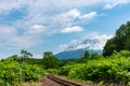 Hakodate main line railroad at Town Niseko in springtime sunny day