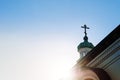 Hakodate Orthodox Church - Russian Orthodox church silhouette tower with cross in winter under blue sky Royalty Free Stock Photo