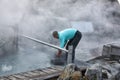Preparing of black eggs in the hot springs of the volcanic valley, Owakudani. Hakone. Honshu. Japan