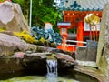 HAKONE, JAPAN - JULY 02, 2017: Close up of a pond with a blurred red Tori Gate behind, at Fushimi Inari Shrine in Kyoto Royalty Free Stock Photo