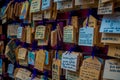 HAKONE, JAPAN - JULY 02, 2017: EMA at Kiyomizu-dera Temple. EMA are small wooden plaques on which Shinto worshippers Royalty Free Stock Photo