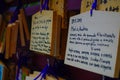 HAKONE, JAPAN - JULY 02, 2017: EMA at Kiyomizu-dera Temple. EMA are small wooden plaques on which Shinto worshippers Royalty Free Stock Photo