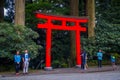 HAKONE, JAPAN - JULY 02, 2017: Unidentified people at the enter of red Tori Gate at Fushimi Inari Shrine in Kyoto, Japan Royalty Free Stock Photo