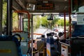 View of road from bus driver seat and windshield window inside city bus in Hakone area Royalty Free Stock Photo