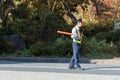 HAKONE, JAPAN - NOVEMBER 5, 2017: Japanese policeman on the road. Copy space for text.