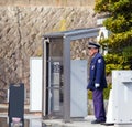 HAKONE, JAPAN - NOVEMBER 5, 2017: Policeman at the bus stop. Frame for text.