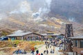 Hakone, Japan - October 23, 2016 : Tourist at Owakudani smokey active sulphur vent at valley in Fuji volcanic zone Hakone, Japan.