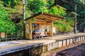 Hakone, Japan - October 23, 2016: unidentified man waiting for the train in the waiting area on platform of the train station.